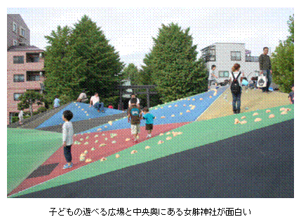 テキスト ボックス:  
子どもの遊べる広場と中央奥にある女躰神社が面白い
（ラゾーナ川崎の子ども広場）
